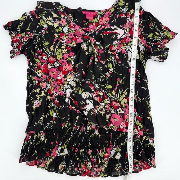 Sunny Leigh Floral Ruffle Sheer Top Blouse Short Sleeve Colorful Size S - Picture 6 of 9
